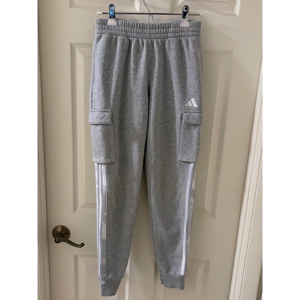 Adidas Boys Cargo Jogger Sweatpants Gray Fleece Lined Size Large 14/16 EUC Logo